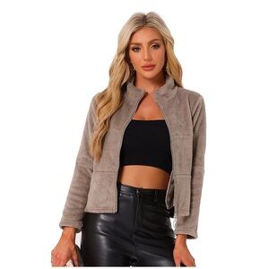 Allegra K Women's Brown Teddy Jacket